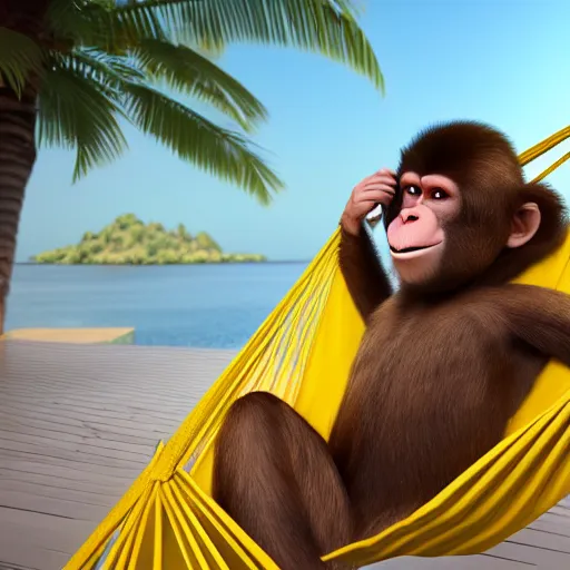 Image similar to digital art of a monkey laying in a hammock eating a banana, octane render, 8 k render, saturated, dynamic lighting