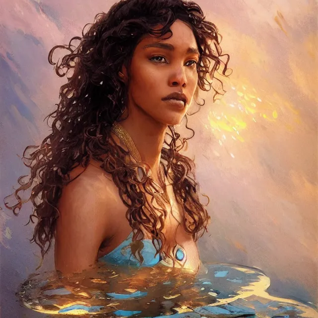 Image similar to a brown skinned woman as a waterbender, brown curly hair, portrait, elegant, intricate, digital painting, artstation, concept art, smooth, sharp focus, illustration, art by konstantin korovin and daniel f. gerhartz and john howe