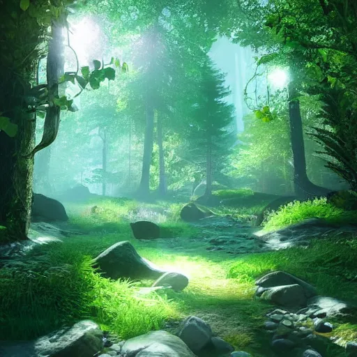 Image similar to beautiful illustration of a forest, highly detailed, crystal lighting, hyperrealistic, unreal engine, magical