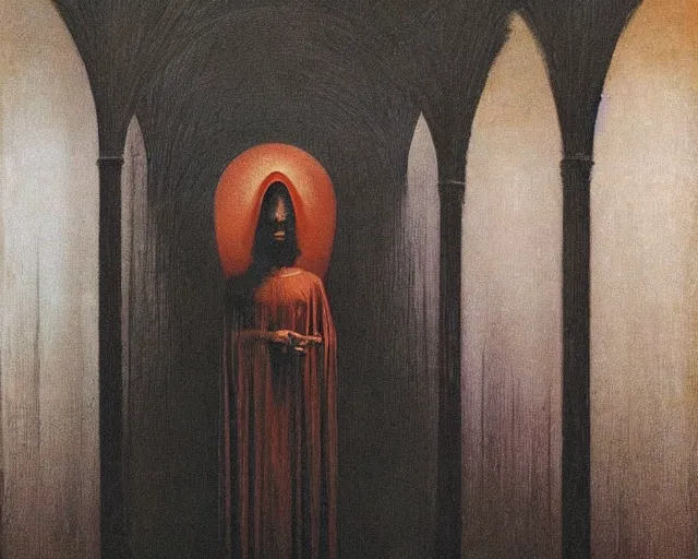 Image similar to by francis bacon, beksinski, mystical redscale photography evocative. devotion to the scarlet woman in her cathedral, priestess in a conical hat, coronation, ritual, sacrament, lamprey