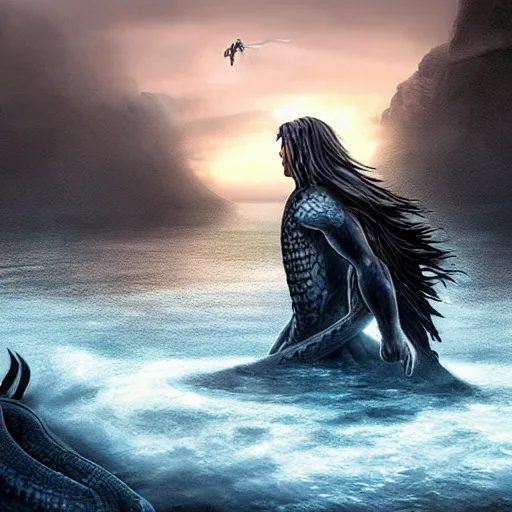 Prompt: a dramatic digital art of a teenage boy with long hair holding a sword while standing on the edge of a cliff over looking water, coming out of the water is a giant serpent water monster looming over the boy with it's mouth open, dramatic digital art, ambient lighting, art station winner, 8 k, very detailed