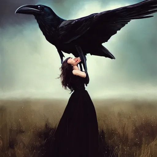 Image similar to morning, raven perching on the shoulder of a woman in a black dress. sun, cinematic, clouds, vogue cover style, contracting colors mood, realistic painting, intricate oil painting, high detail, figurative art, multiple exposure, poster art, 3 d, by simon bisley, ismail inceoglu, wadim kashin, filip hodas.