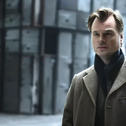 Image similar to as a detective in a movie directed by Christopher Nolan, movie still frame, promotional image, imax 70 mm footage