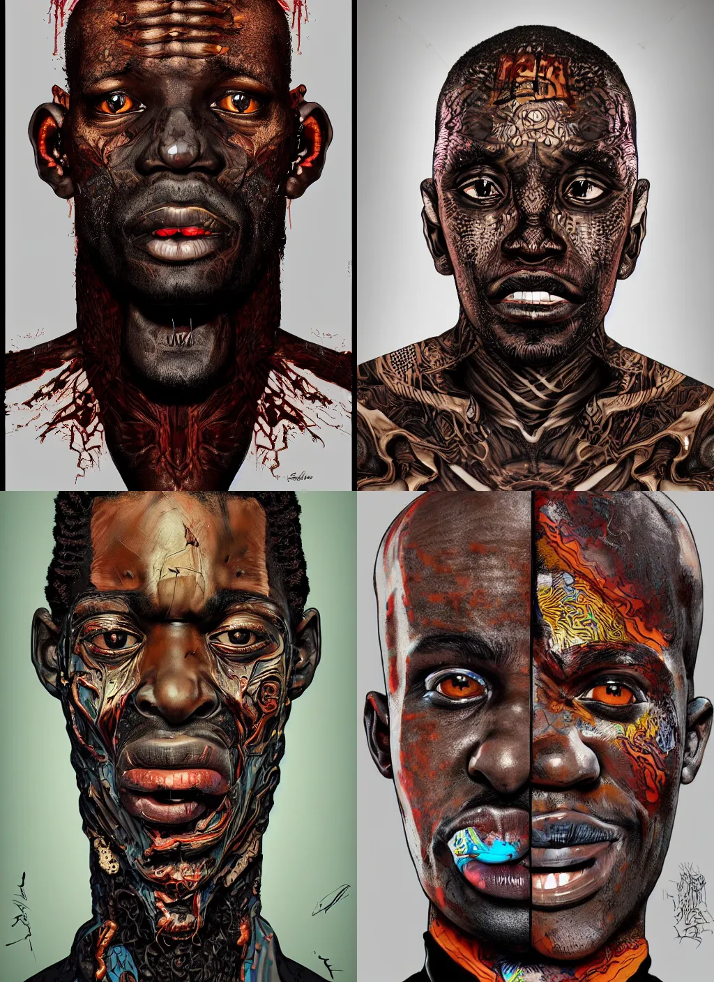 Prompt: portrait of an insane and psychotic black man with skin in the pattern style of edouard benedictus and e. a. seguy, beautiful, bizarre, hyper detailed, vivid and vibrant, 8 k, award winning, trending on artstation,