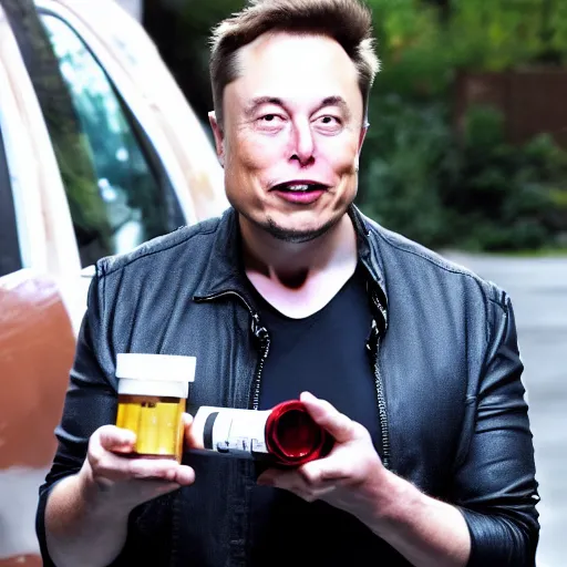 Image similar to Elon musk drinking out of a car battery in an alleyway at night