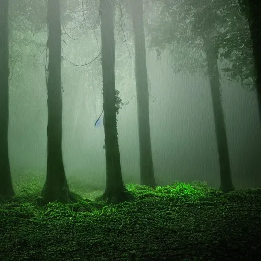 Prompt: deep rain forest scene, dark, dense fog, greenish lights