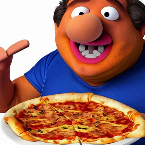 Image similar to digital art of portrait of danny devito as a muppet eating pizza, excited facial expression, head - and - shoulders shot, white background, cute pixar character, houdini 3 d render