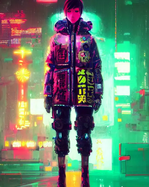 Image similar to detailed full body portrait Neon Operator Girl, cyberpunk futuristic neon, reflective puffy coat, decorated with traditional Japanese ornaments by Ismail inceoglu dragan bibin hans thoma greg rutkowski Alexandros Pyromallis Nekro Rene Maritte Illustrated, Perfect face, fine details, realistic shaded, fine-face, pretty face