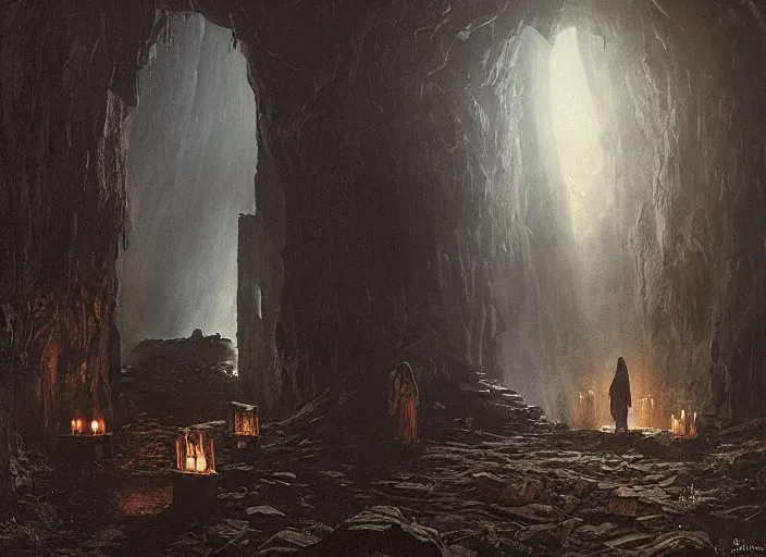 Image similar to A hooded dark figure approaches an abandoned mine in a cave lit by candles, Ivan Shishkin and Greg Rutkowski