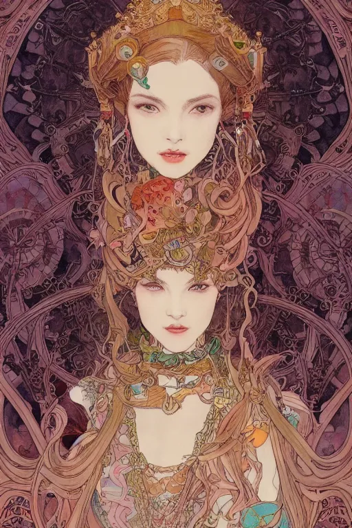 Image similar to zoomed out portrait of english princess, ornaments, stylized illustration by yoshitaka amano and moebius, watercolor gouache detailed paintings, mucha vibe, dieselpunk, solarpunk, artstation