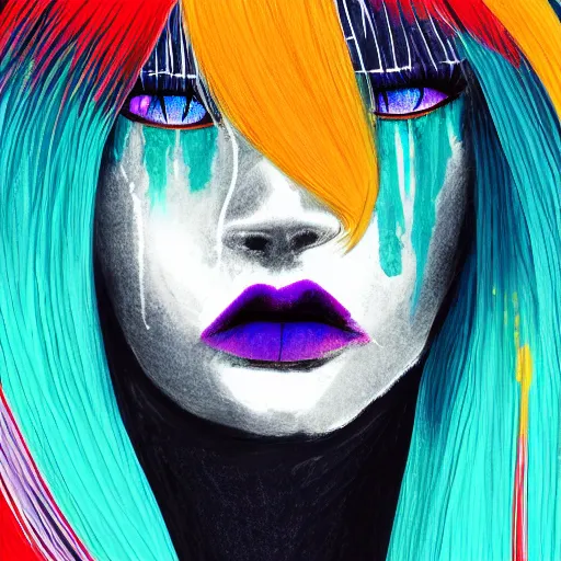 Prompt: profile shot of rimuru tempest, sky blue straight hair, long bangs, gold eyes, wearing a black jacket with white stripes, high collar, ultra detailed, wild brush strokes, digital painting, cinematic, wlop, closeup, pixiv, color block, eerie, scary, yoshitaka amano, andy warhol