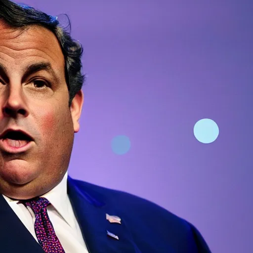 Image similar to chris christie magically transforming into a giant blueberry. ap photo. bizarre, surreal. blue skin, round, spherical, surprised expression, inflated blue balloon