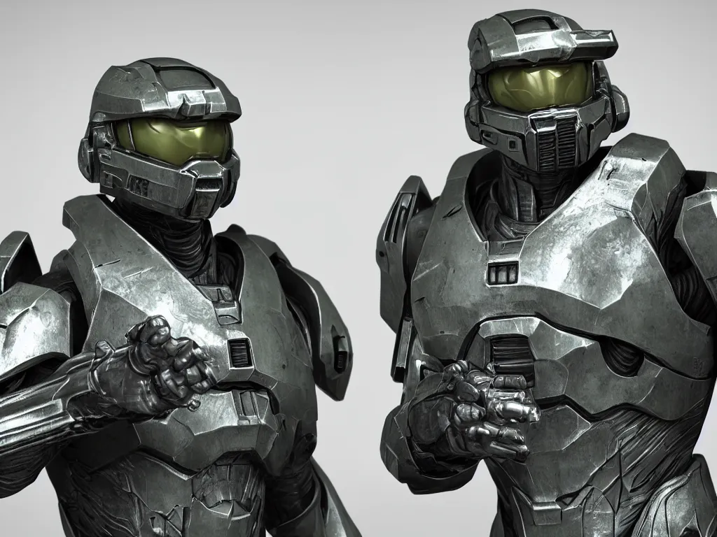 Image similar to master chief bust shot, studio photo, 3 d render, unreal engine, stunning scene, hdr, dynamic lighting, chrome, metallic, shiny, reflective, 8 k
