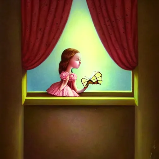 Prompt: a painting of a girl looking out a window at a moth, a storybook illustration by mark ryden, featured on deviantart, pop surrealism, storybook illustration, whimsical, detailed painting