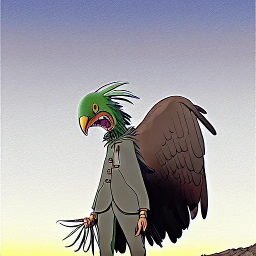 Prompt: a study of cell shaded cartoon of a grey mechanized vulture from howl's moving castle ( 2 0 0 4 ) on a desert road, full body, wide shot, very muted colors, post grunge, studio ghibli, laurie greasley, highly detailed, deviantart, art by artgem