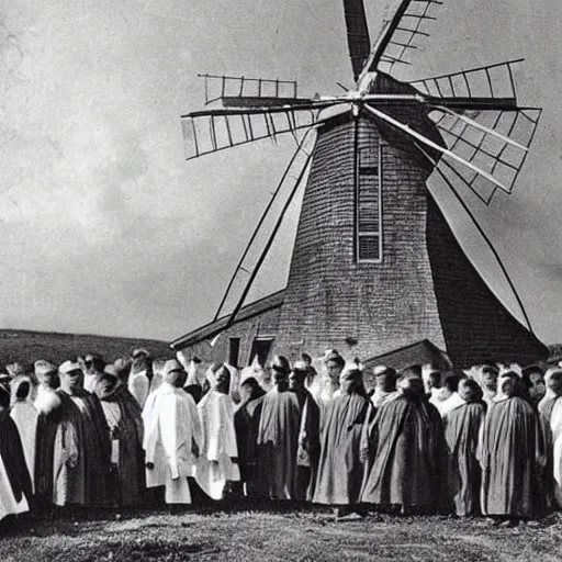 Image similar to an 1800s photo of a windmill. Cult worshippers in robes.