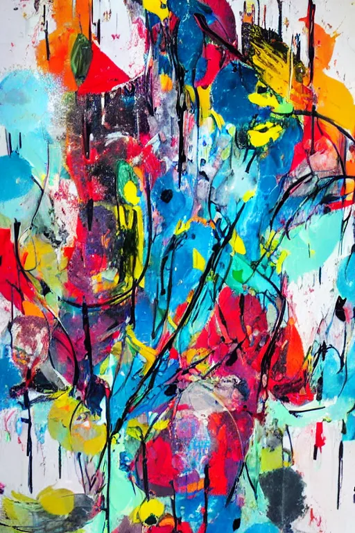 Image similar to abstract expressionist painting, paint drips, acrylic, wildstyle, clear shapes, maximalism, smeared flowers, large triangular shapes