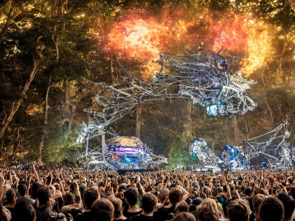 Image similar to an incredible masterpiece of a cyborg dj is playing a vast array of highly evolved and complex musical technology on a stage surrounded by an incredible and complex circular robotic structure playing highly evolved music overlooking a crowd at a forest festival lit by fire, by craig mullins