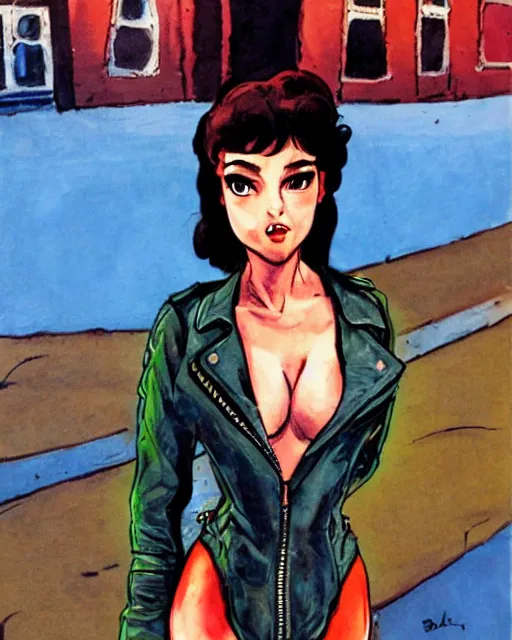 Image similar to young female protagonist in leather jacket, city street, artwork by ralph bakshi