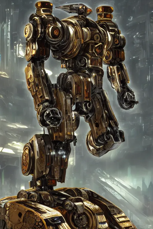 Image similar to realistic ancient mecha in a futuristic landscape designed by makoto kobayashi and luca zampriolo, portrait, cyberpunk style, wood and gold details, intricate, extremely detailed, ornate, deep of field, hard surface, exoskeleton, substance designer metal