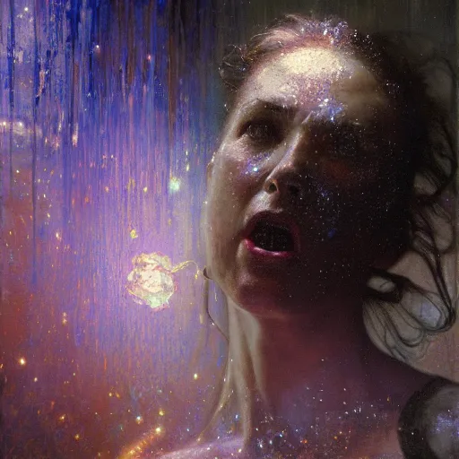 Image similar to hyperrealist portrait of an enormous glowing screaming head made of stars by jeremy mann and alphonse mucha and alan lee, fantasy art, photo realistic, dynamic lighting, artstation, poster, volumetric lighting, very detailed faces, award winning