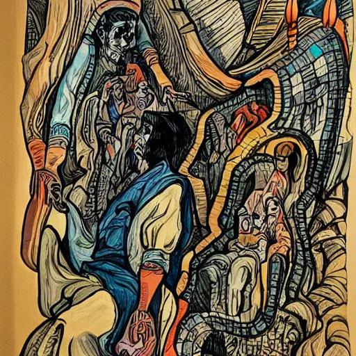 Image similar to hunchback death pilgrimage, in the style of tom jung, colourful hand drawing, beautiful faces, dramatic, tragic, intricate, detailed, beautiful