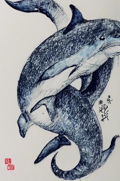 Image similar to Furry dolphin with tiger stripes, pen and ink, intricate line drawings, by Yoshitaka Amano, Ruan Jia, Kentaro Miura, Artgerm, watercolor