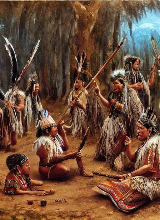 Prompt: a painting of indigenous people playing shamanic drums , matte painting, highly detailed, fantasy art