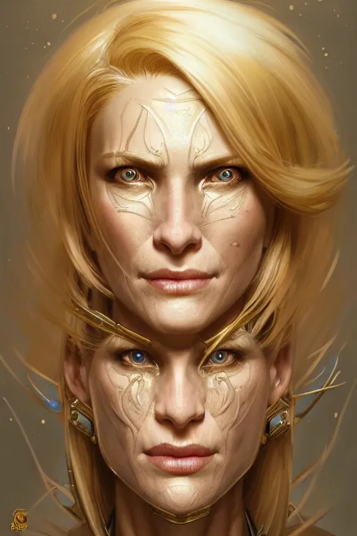 Image similar to portrait of a middle aged blonde haired woman in the style of god of war, golden machine parts, intricate, elegant, highly detailed, digital painting, artstation, concept art, smooth, sharp focus, illustration, art by artgerm and greg rutkowski and alphonse mucha, 8 k