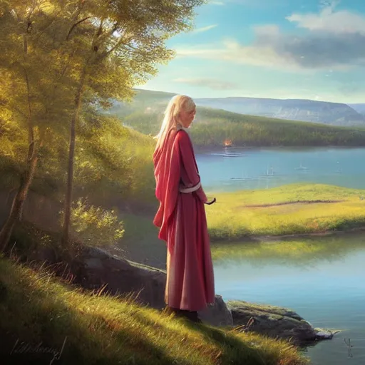 Prompt: blonde female jedi, Swedish countryside, landscape view, archipelago, freedom, abstract, by Vladimir Volegov, wlop, artstation