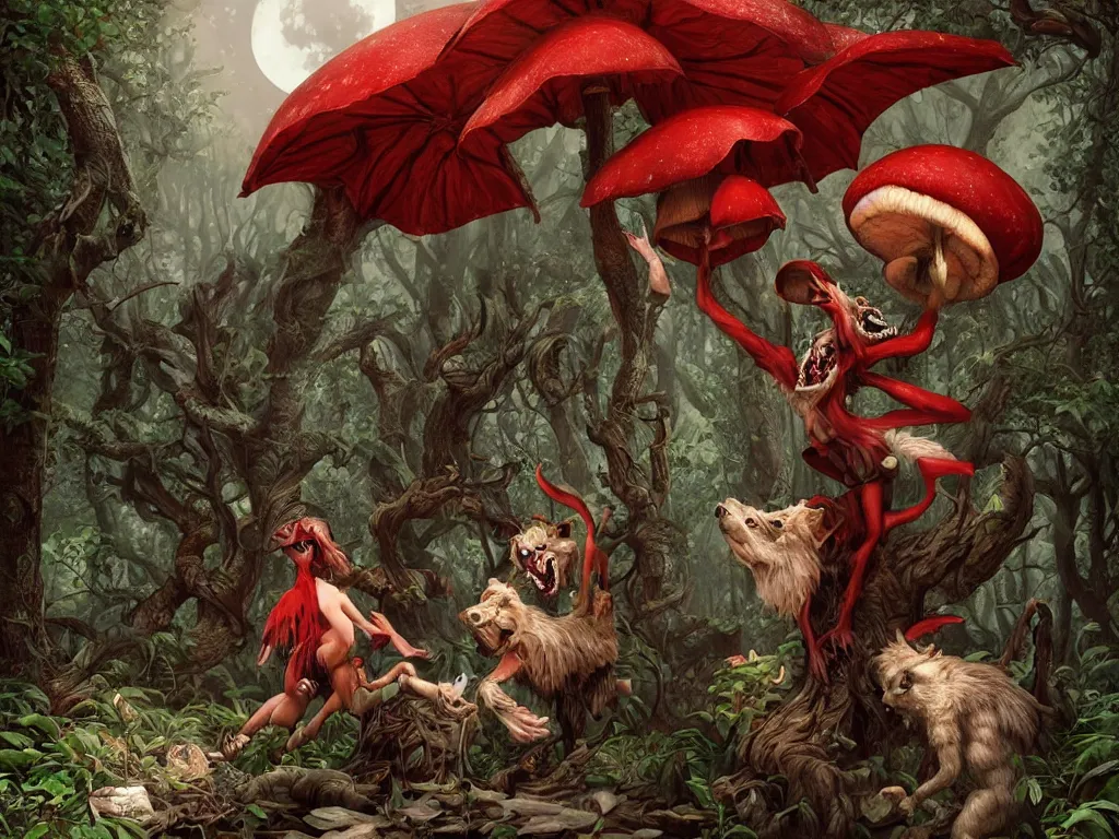 Image similar to Drunk mad mushroom-werewolf engaged in the social adaptation of little red riding hood. Photorealistic, lifelike, Unreal Engine, sharp, detailed, 8K, by Gerald Brom, Dan Mumford, Stephan Martiniere