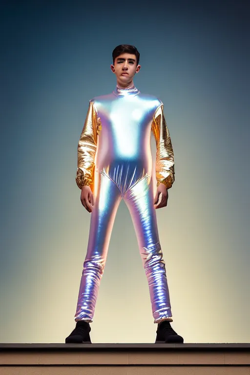 Image similar to un ultra high definition studio quality photographic art portrait of a young man standing on the rooftop of a british apartment building wearing soft baggy inflatable padded iridescent pearlescent suit. three point light. extremely detailed. golden ratio, ray tracing, volumetric light, shallow depth of field. set dressed.