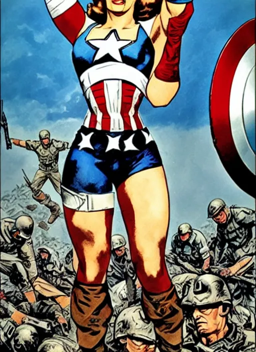 Prompt: beautiful female captain america standing on a pile of defeated, beaten and broken german soldiers. feminist captain america wins wwii. american wwii propaganda poster by james gurney. gorgeous face. overwatch