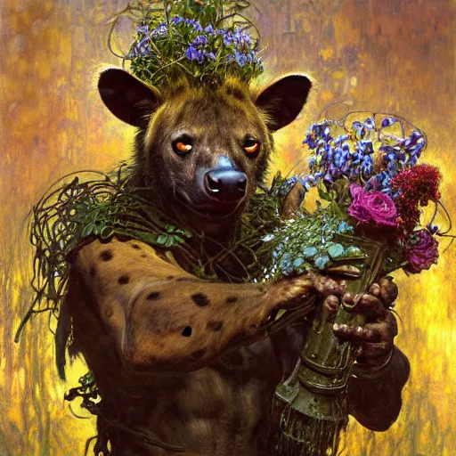 Image similar to portrait of a hyena gnoll as a florist. shadowrun furaffiniy cyberpunk fantasy highly detailed painting by gaston bussiere craig mullins jc leyendecker gustav klimt artgerm greg rutkowski john berkey, bergey, craig mullins, ruan jia, raymond swanland, jeremy mann, tom lovell, alex malveda