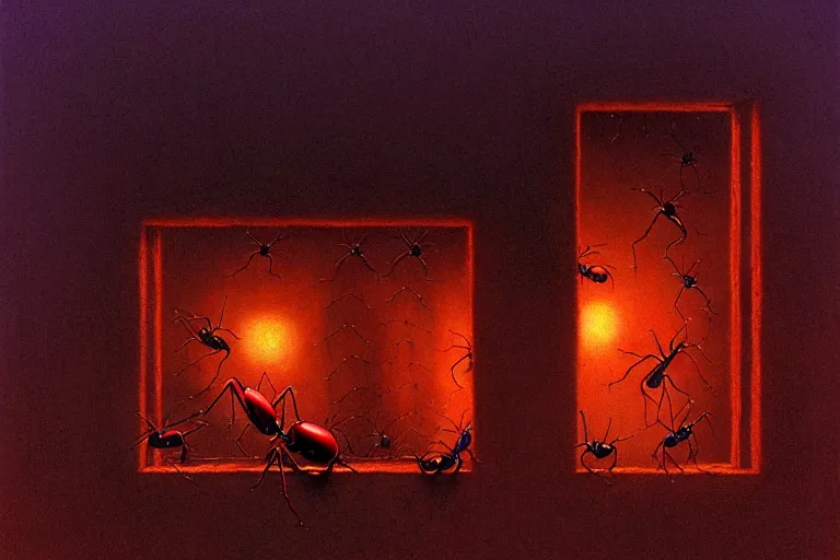 Image similar to a line of ants heading up an outside wall towards a pie cooling in the window, in the style of beksinski, intricate and epic composition, red by caravaggio, insanely quality, highly detailed, masterpiece, purple light, artstation, 4 k