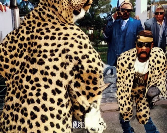 Image similar to cult worship of a angel pimp. the pimp is swagged out to the max. the pimp is wearing a cheetah. he loves the cheetah. he is the cheetah's actual dad.