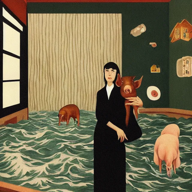 Image similar to tall female emo artist holding a pig in her flooded apartment, mushrooms, octopus, water gushing from ceiling, painting of flood waters inside an artist's apartment, a river flooding indoors, pomegranates, pigs, ikebana, zen, river, rapids, waterfall, black swans, canoe, berries, acrylic on canvas, surrealist, by magritte and monet