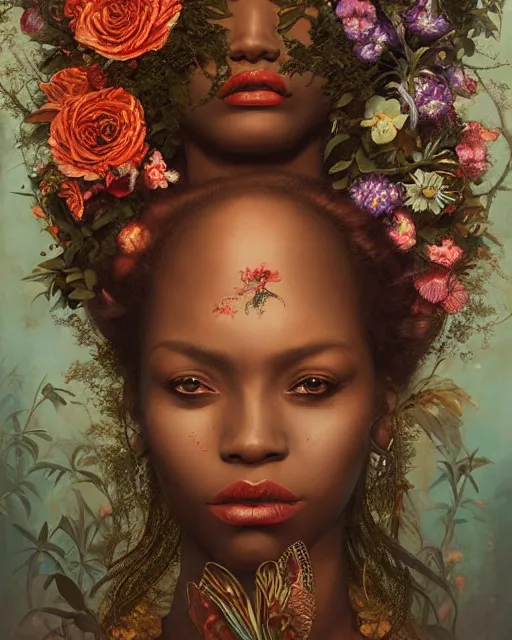 Image similar to portrait of the african queen of the underworld, surrounded by flowers by karol bak, james jean, tom bagshaw, rococo, sharp focus, trending on artstation, cinematic lighting, hyper realism, octane render, 8 k, hyper detailed.