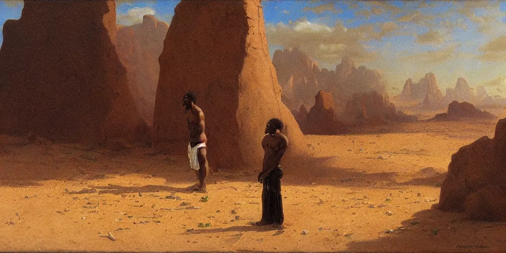 Image similar to black male cyborg body modifications hd albert bierstadt painting low perspective! desert sun rays