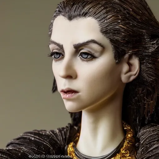Image similar to photo taken of an epic intricate, ultra detailed, super realistic bust of a majestic gracious regal aristocratic brunette female vampire stop motion puppet created by weta workshop, menacing, some zoomed in shots, photorealistic, sharp focus, white wall, extremely cold blueish colour temperature, 3 5 mm, f 1. 4, golden ratio