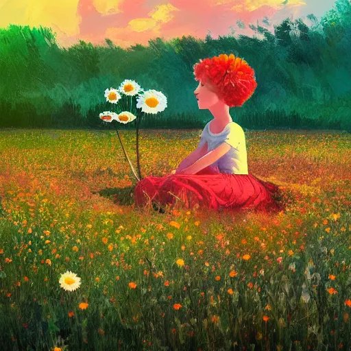 Image similar to giant daisy flower head, girl sitting in a flower field, surreal photography, sunrise, dramatic light, impressionist painting, colorful clouds, digital painting, artstation, simon stalenhag