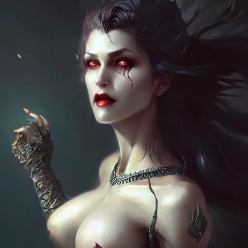 Image similar to desirable Vampire woman, fantasy, intricate, elegant, highly detailed, digital painting, artstation, concept art, matte, sharp focus, illustration, art by artgerm and Greg Rutkowski, dreadjim, zeen chin