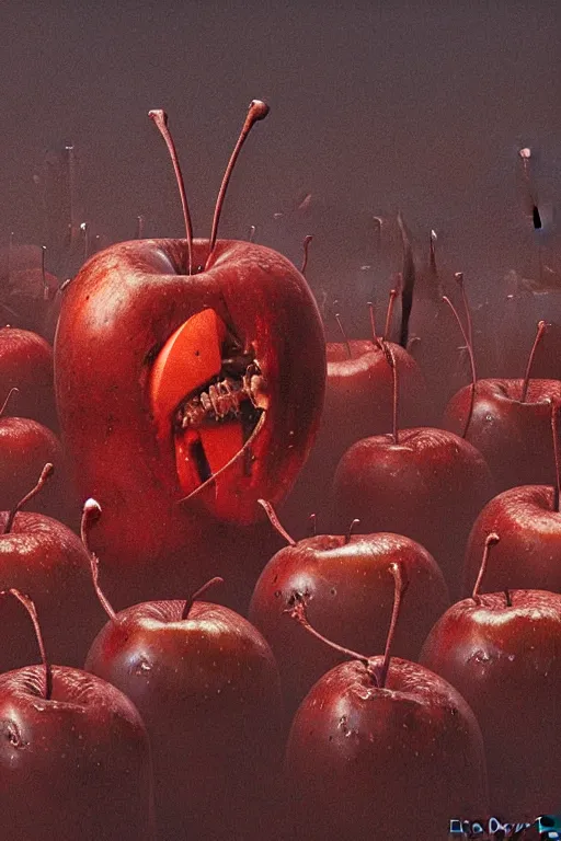 Image similar to horde of bugs eating the inside of an apple, close up of an apple, by zdzislaw beksinski, by dariusz zawadzki, by wayne barlowe, gothic, surrealism, cosmic horror, lovecraftian, cold hue's, warm tone gradient background, concept art, beautiful composition