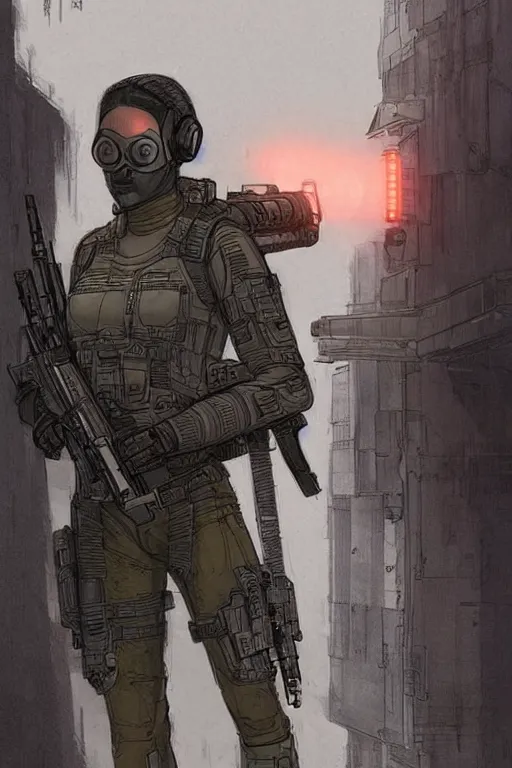 Image similar to adaego the ghost. blackops mercenary in near future tactical gear and cyberpunk headset. Blade Runner 2049. concept art by James Gurney and Mœbius.