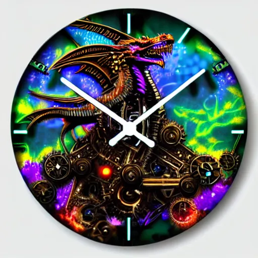 Image similar to cyberpunk dragon made of psychedelic particle effects breathing a flame of clockwork and gears, high detail, glossy finish