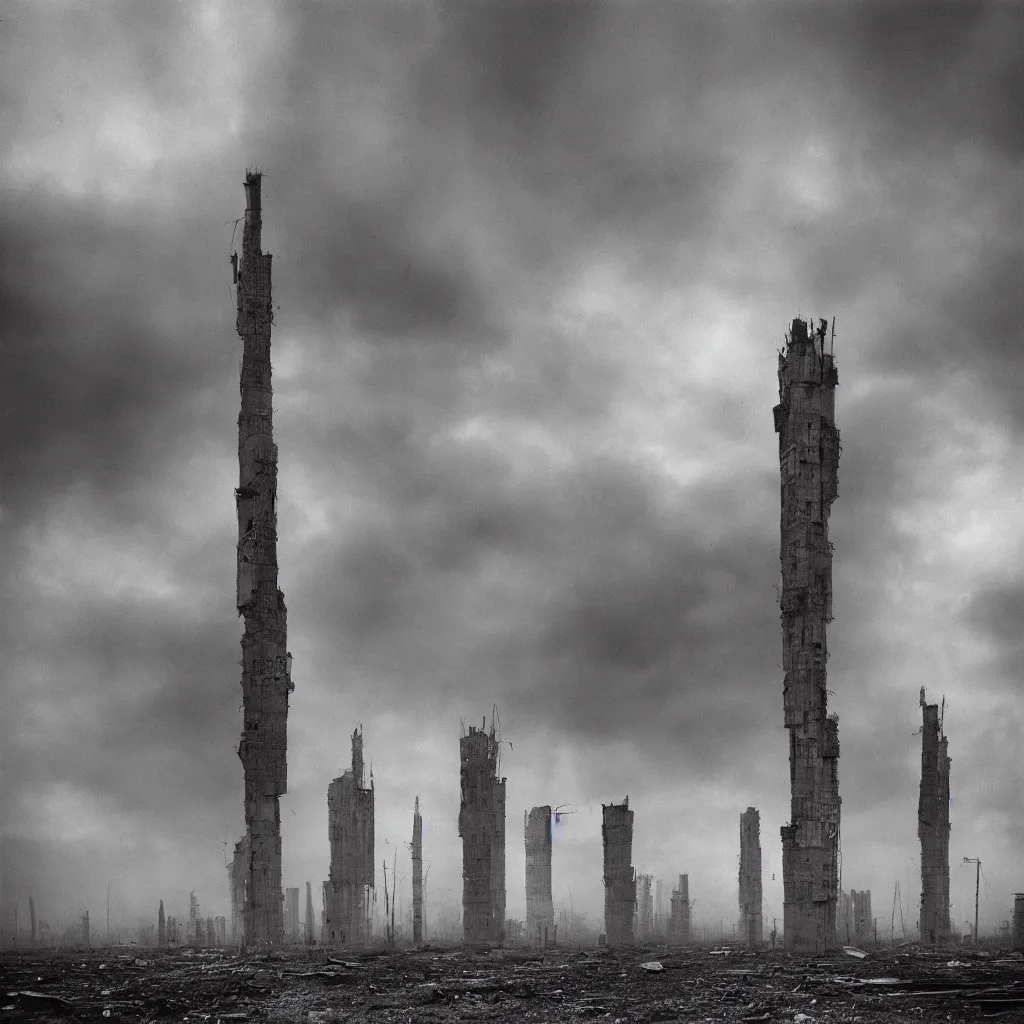 Prompt: tall towers, made up of makeshift squatter housing with faded colours, apocalyptic sky, misty, dystopia, mamiya rb 6 7, fully frontal view, ultra sharp, very detailed, photographed by andrei tarkovsky