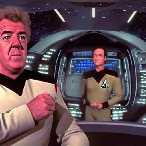 Prompt: Captain Jeremy Clarkson of the USS Enterprise sitting in the captain's chair, Star Trek: The Next Generation screenshot, 4k