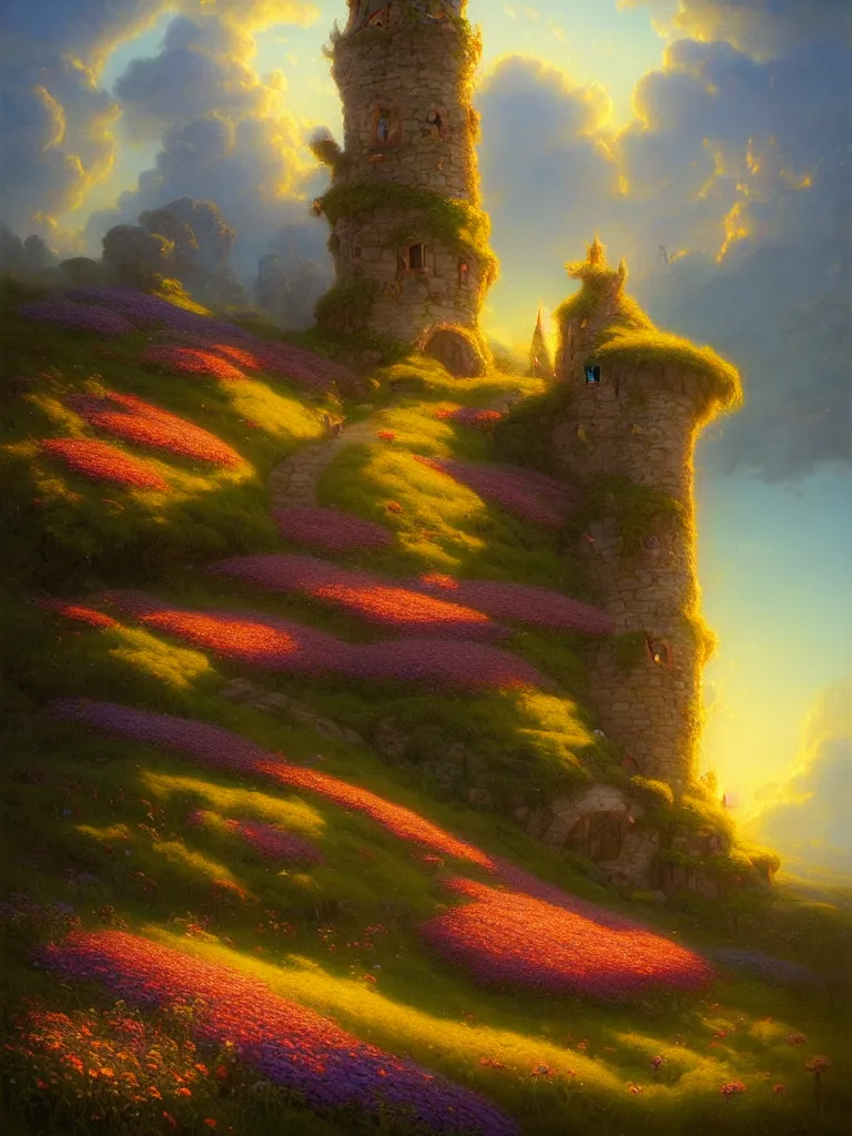 Prompt: a wizard tower in a field of flowers by Justin Gerard, morning light