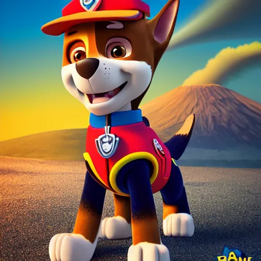 Image similar to chase from paw patrol is standing on the beach watching a giant volcano erruption behind him, movie poster, trending on artstation, intricate detail, very sharp, octane 8 k render, depth of field