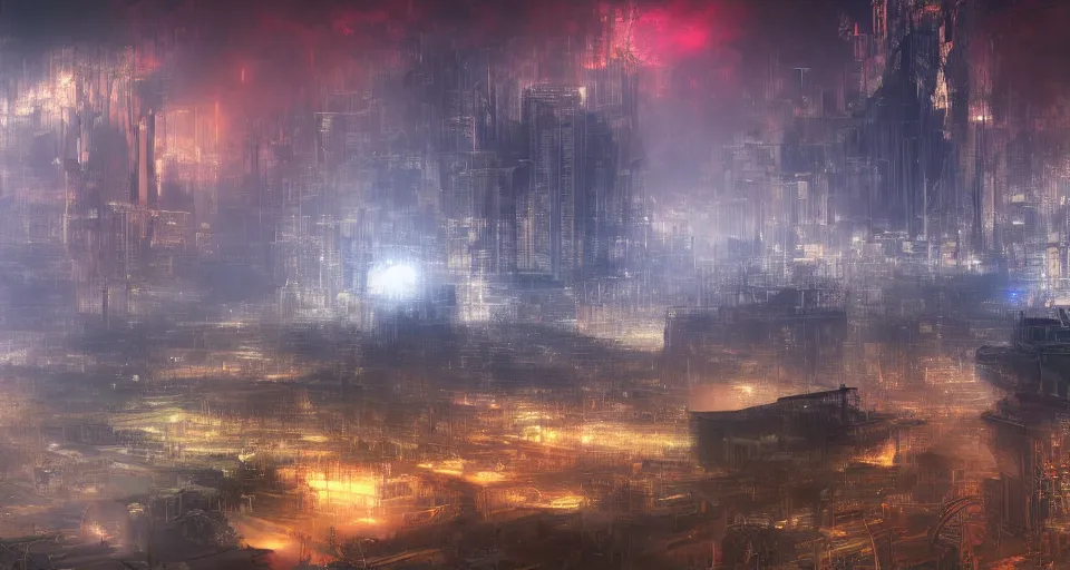 Image similar to Mech robot city. By Joseph Mallord William Turner, fractal flame, highly detailded